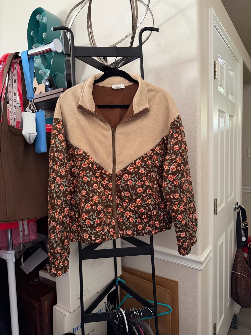 Floral Quilted Bomber Jacket - Taupe & Brown